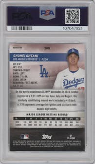 Shohei Ohtani from the 2024 Topps Stadium Club set featuring a Refractor parallel graded by PSA and given an overall grade of 10.