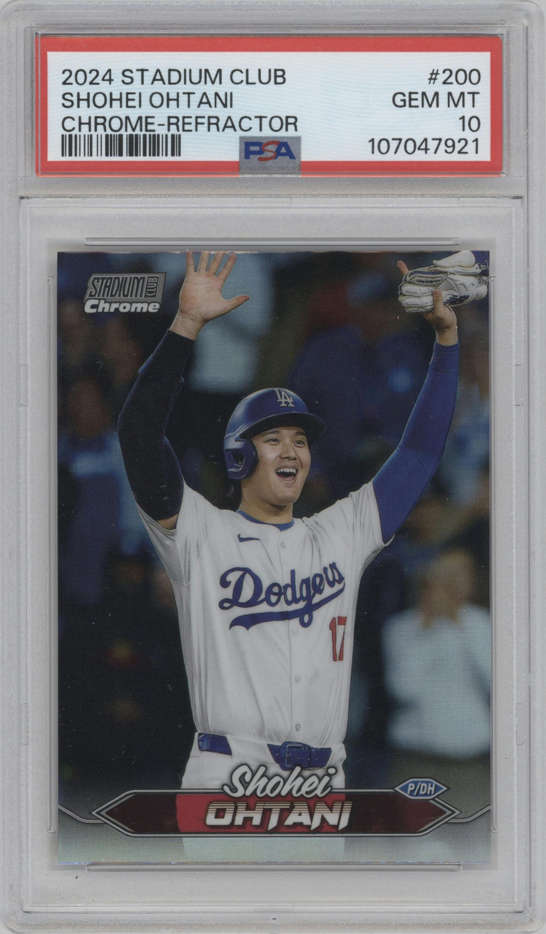 Shohei Ohtani from the 2024 Topps Stadium Club set featuring a Refractor parallel graded by PSA and given an overall grade of 10.