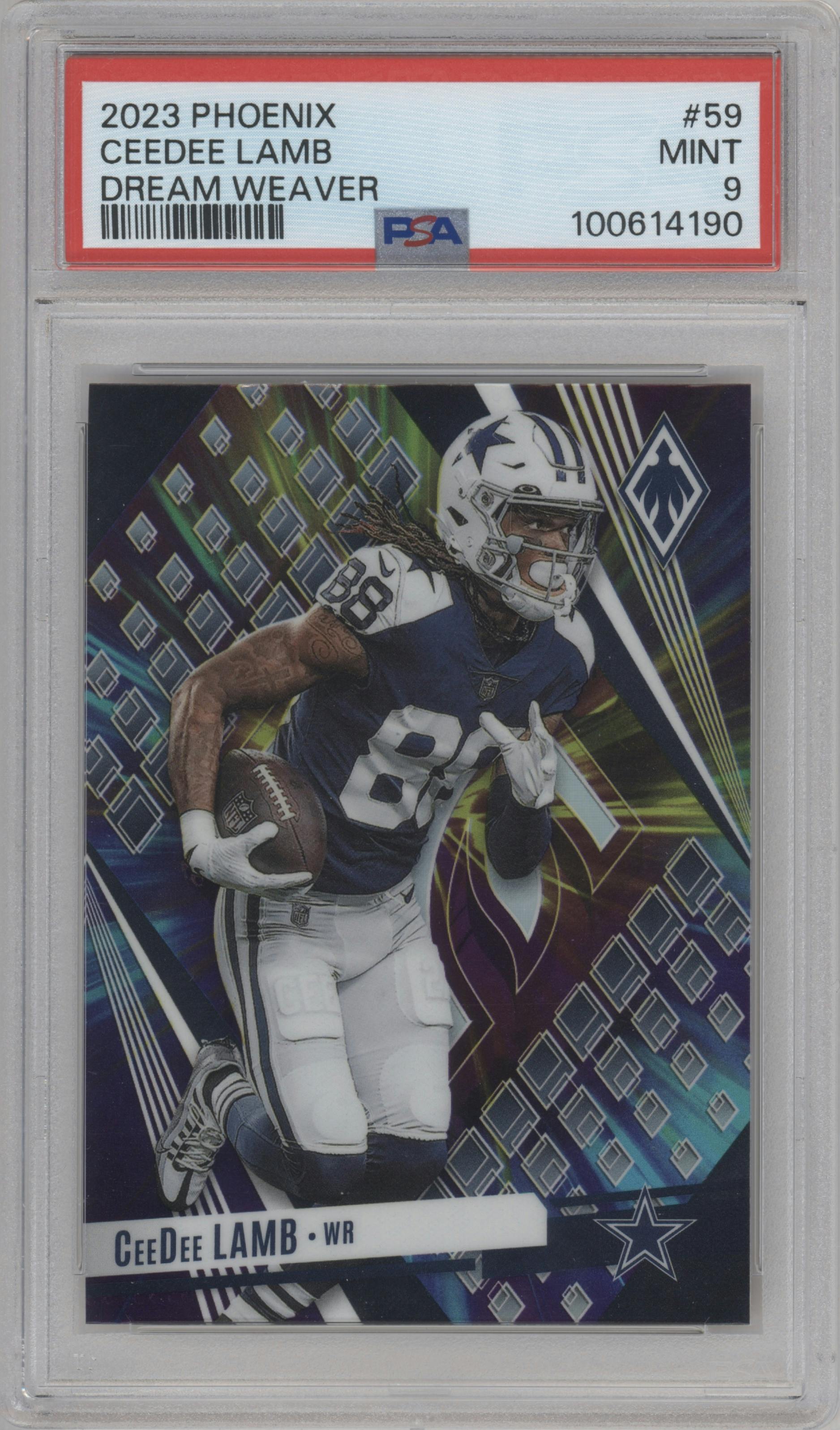 CeeDee Lamb from the 2023 Panini Phoenix set featuring a Dream Weaver parallel graded by PSA and given an overall grade of 9.