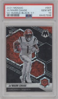 Ja'Marr Chase from the 2021 Panini Mosaic set featuring a No Huddle Black parallel graded by PSA and given an overall grade of 10.