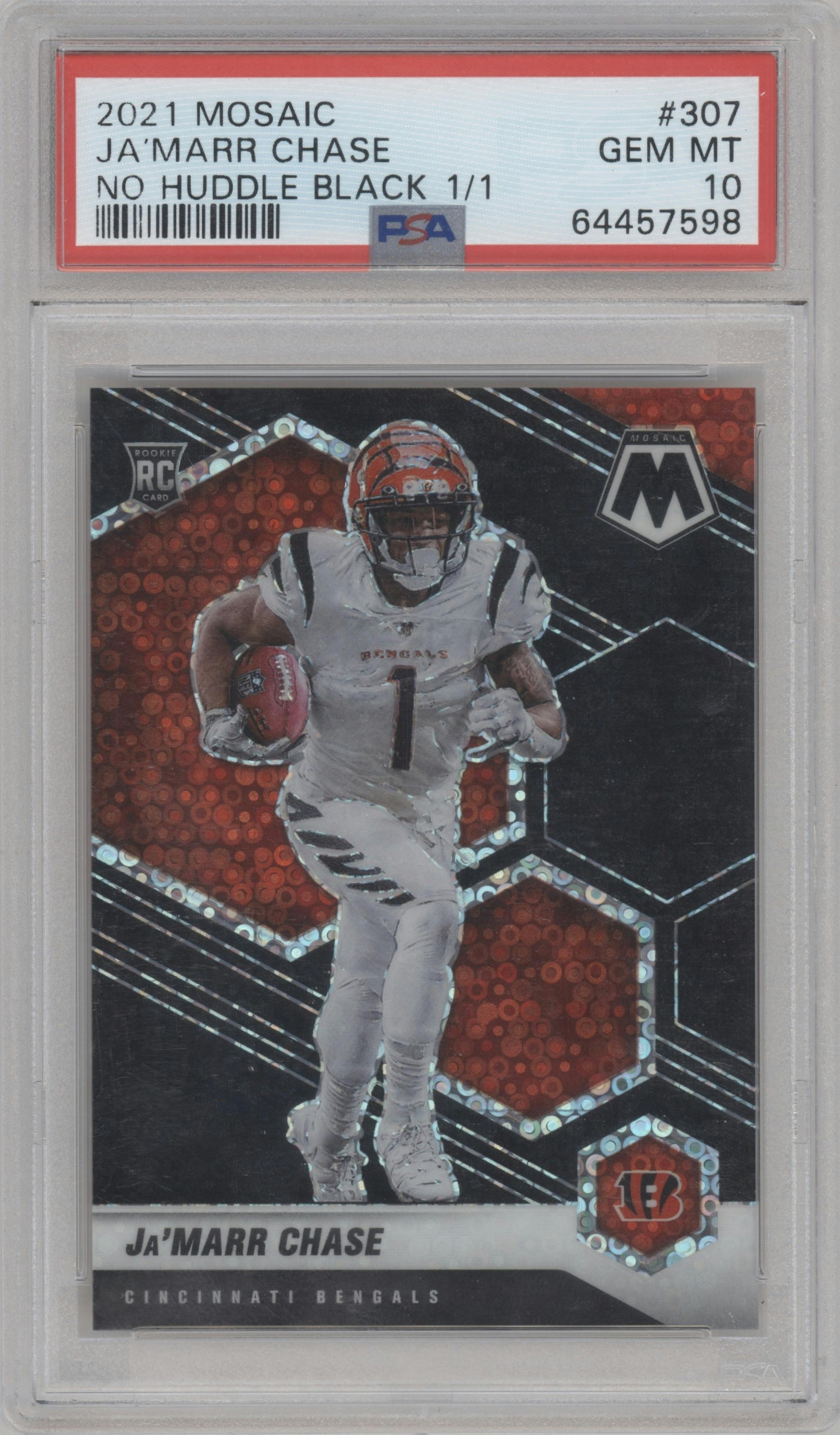 Ja'Marr Chase from the 2021 Panini Mosaic set featuring a No Huddle Black parallel graded by PSA and given an overall grade of 10.