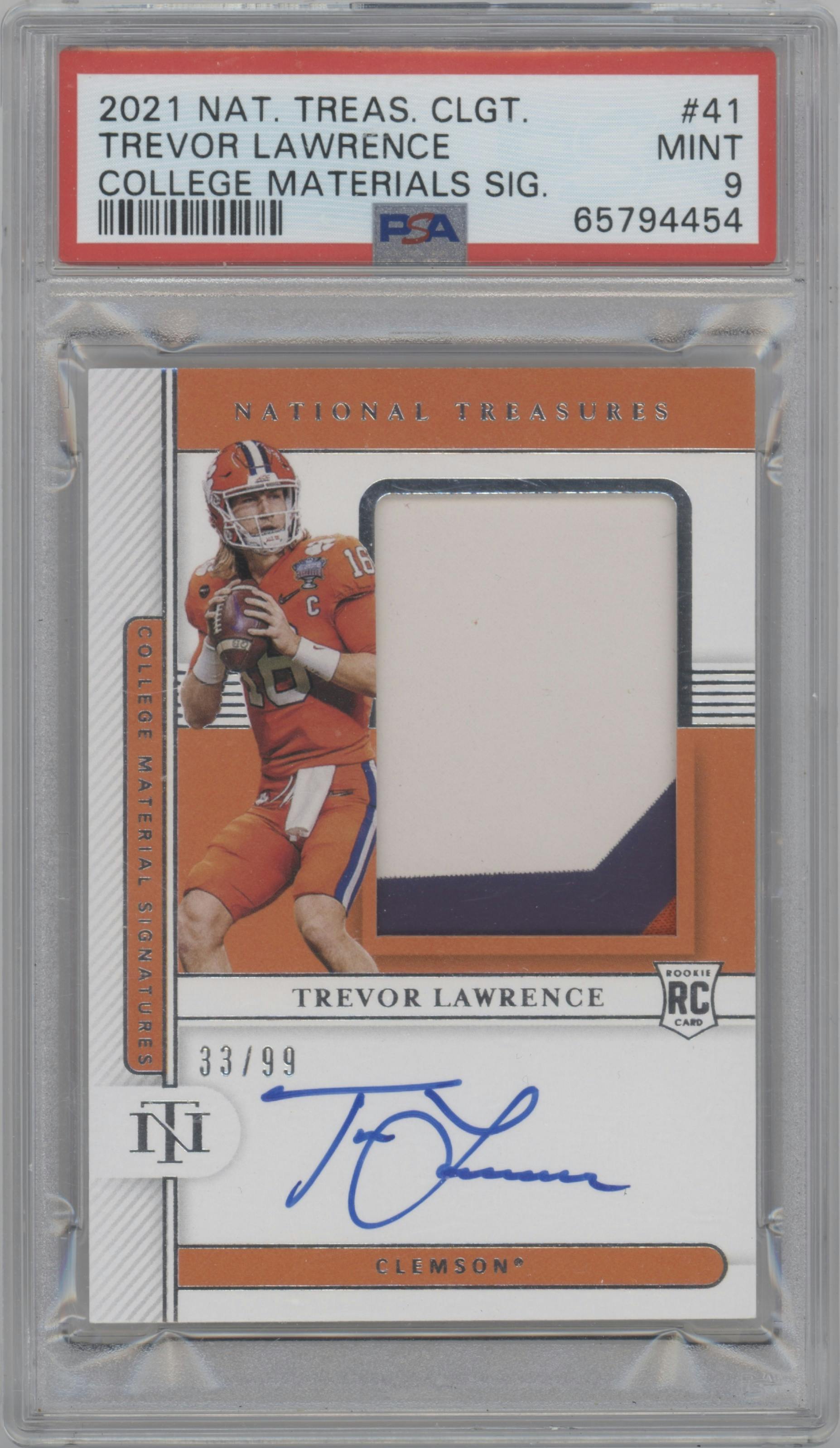 Trevor Lawrence from the 2021 Panini National Treasures Collegiate set graded by PSA and given an overall grade of 9.