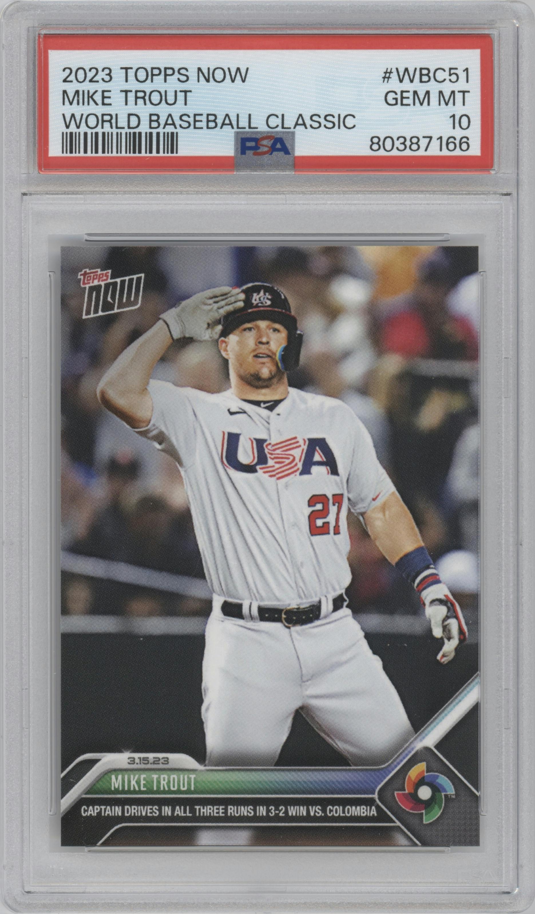 Mike Trout from the 2023 Topps Now World Baseball Classic set graded by PSA and given an overall grade of 10.