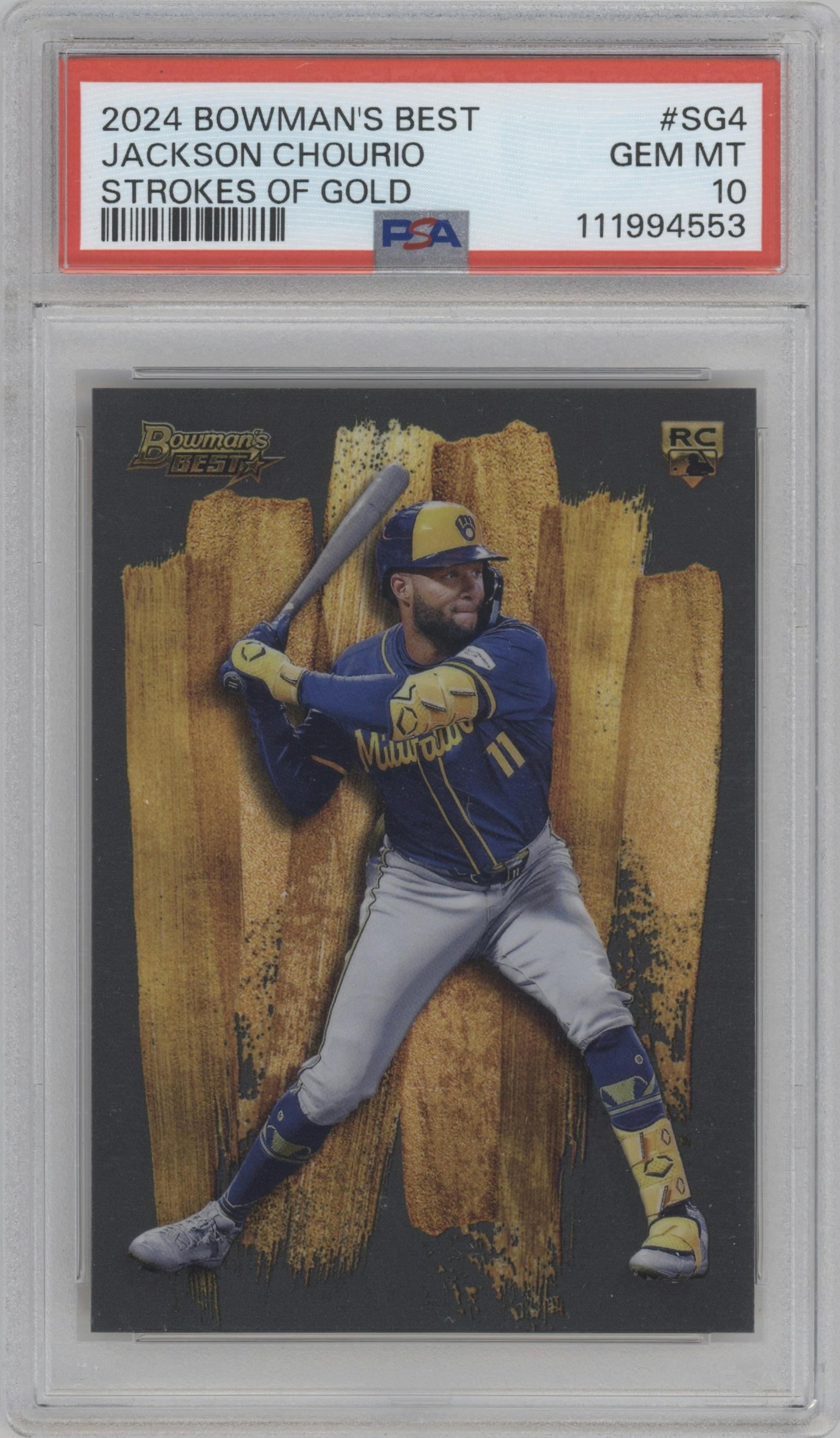 Jackson Chourio from the 2024 Bowman's Best set graded by PSA and given an overall grade of 10.
