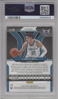 LaMelo Ball from the 2020-21 Panini Prizm set featuring a Silver Prizm parallel graded by PSA and given an overall grade of 10.