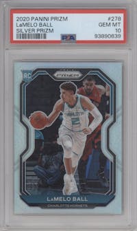 LaMelo Ball from the 2020-21 Panini Prizm set featuring a Silver Prizm parallel graded by PSA and given an overall grade of 10.