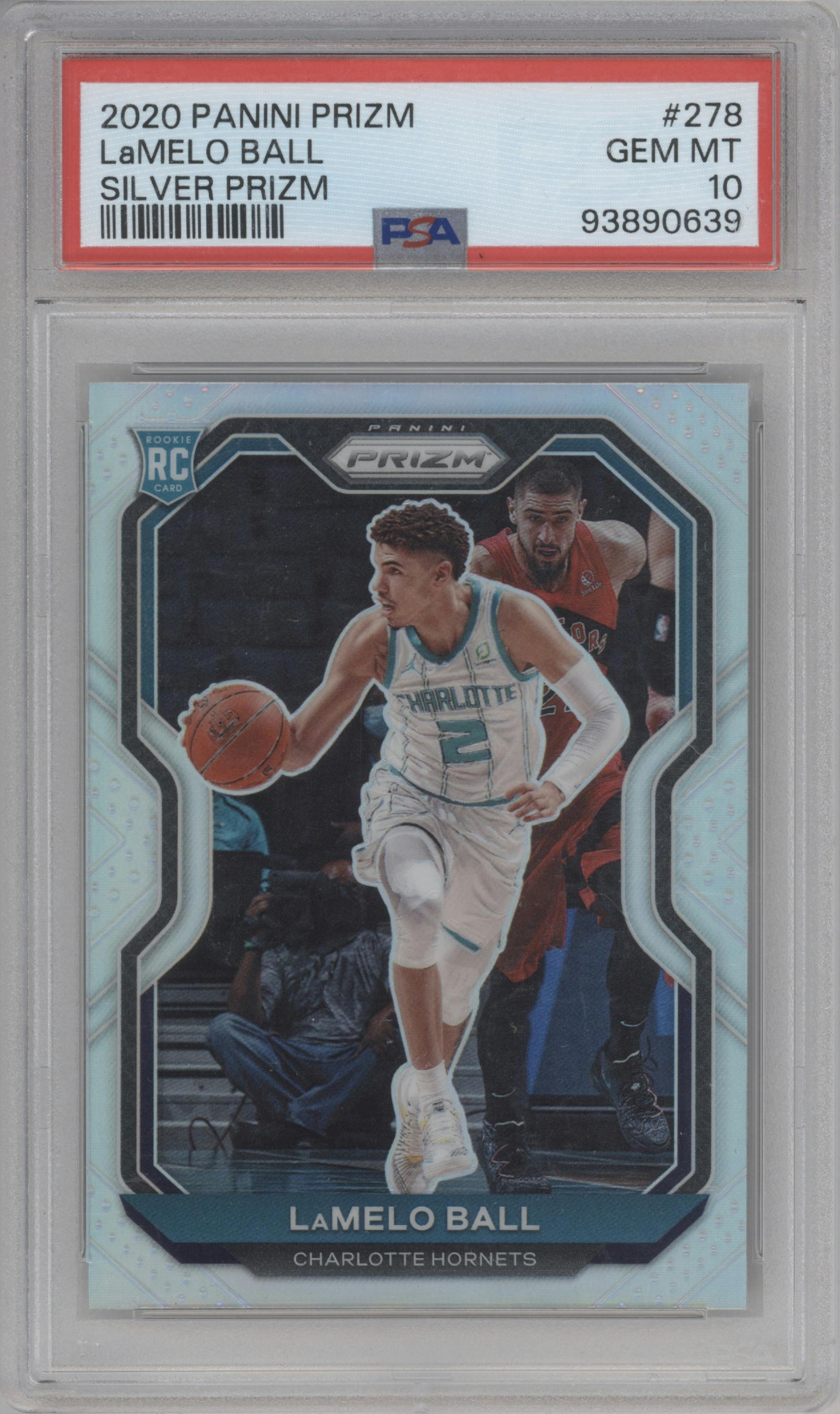 LaMelo Ball from the 2020-21 Panini Prizm set featuring a Silver Prizm parallel graded by PSA and given an overall grade of 10.