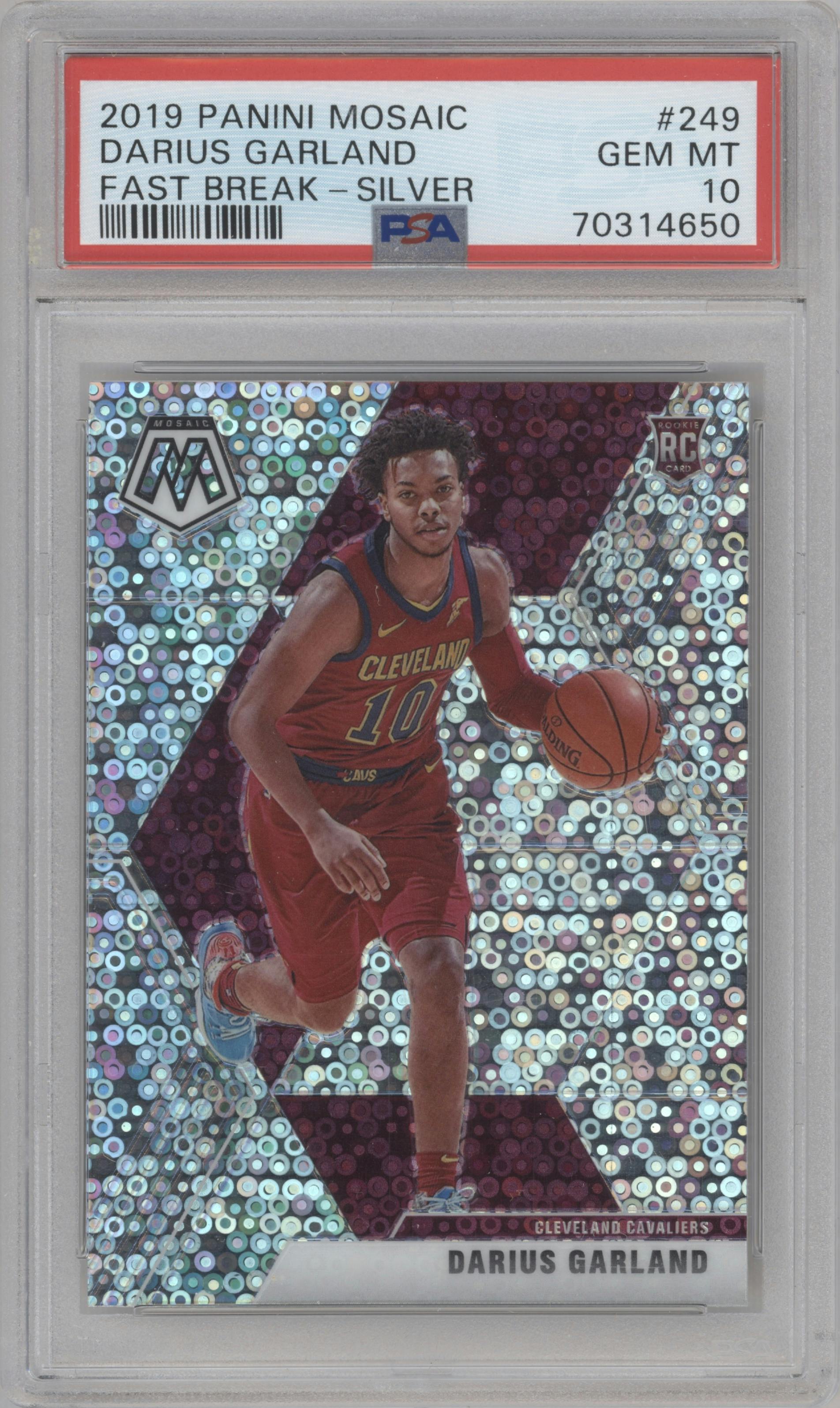 Darius Garland from the 2019-20 Panini Mosaic  set featuring a Fast Break  Silver parallel graded by PSA and given an overall grade of 10.