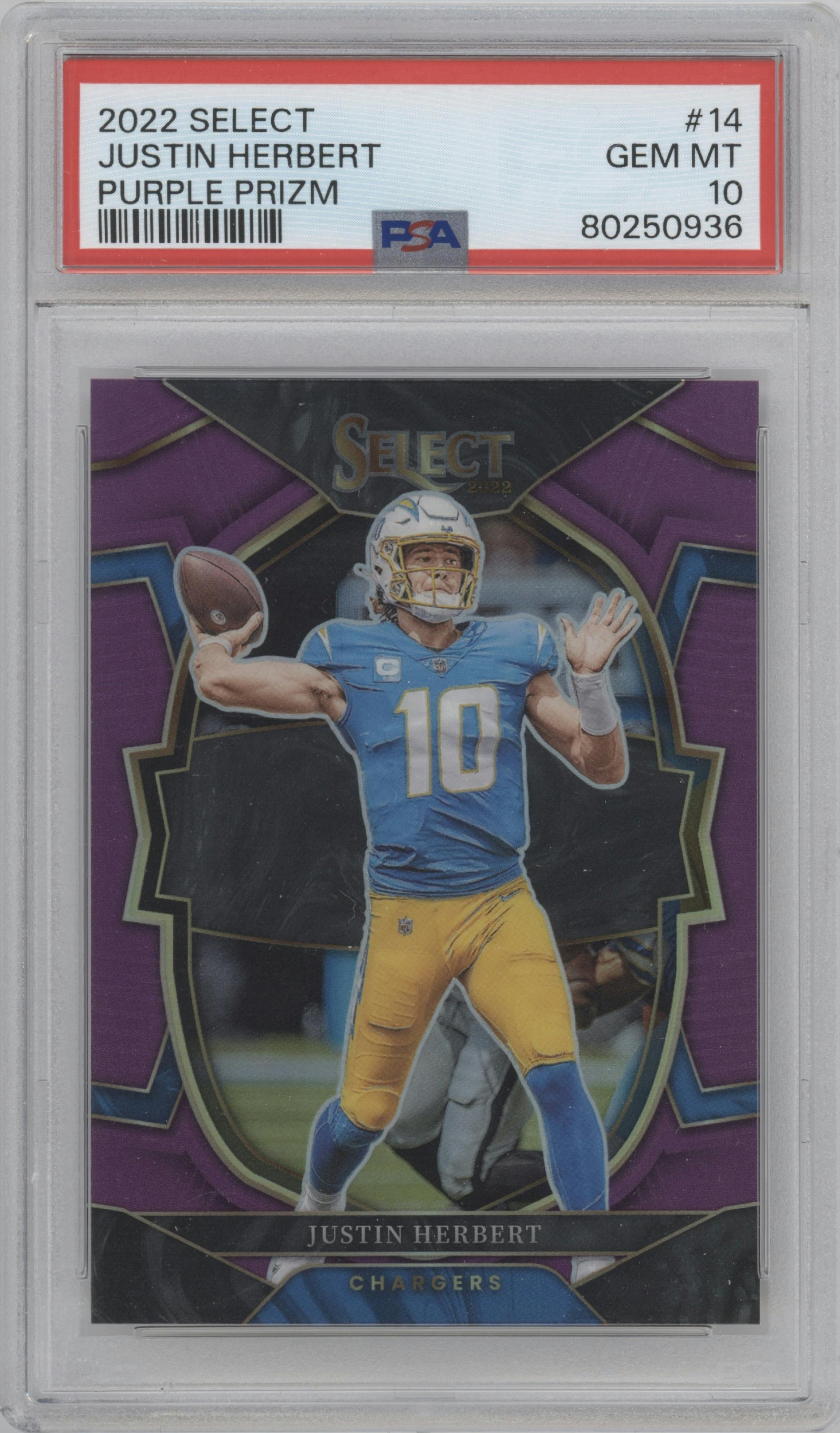 Justin Herbert from the 2022 Panini Select set featuring a Purple Prizm parallel graded by PSA and given an overall grade of 10.