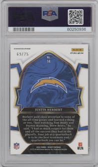 Justin Herbert from the 2022 Panini Select set featuring a Purple Prizm parallel graded by PSA and given an overall grade of 10.