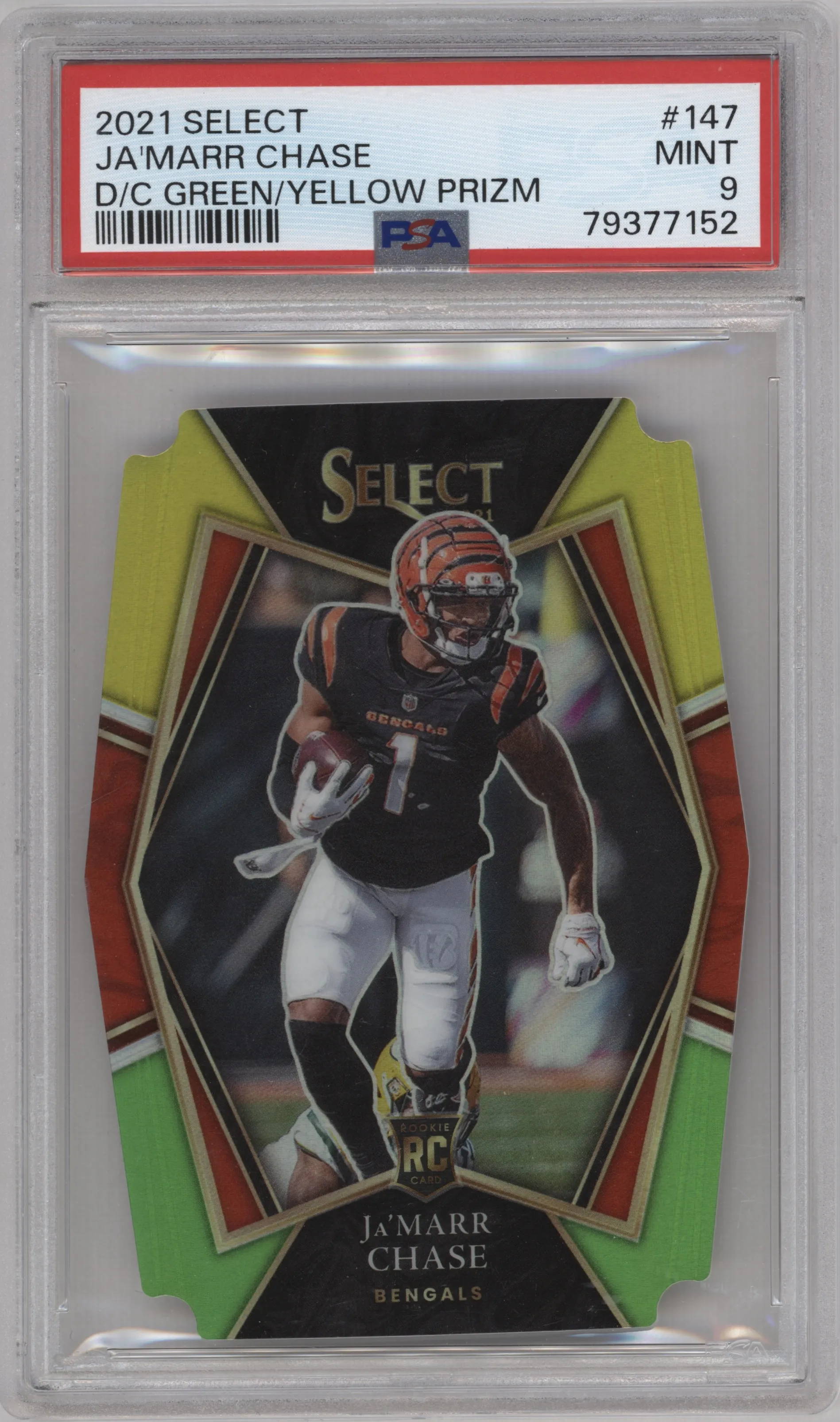 2021 Panini Select Pre.Lvl. Ja'Marr Chase Die-Cut Green/Yellow PSA 9