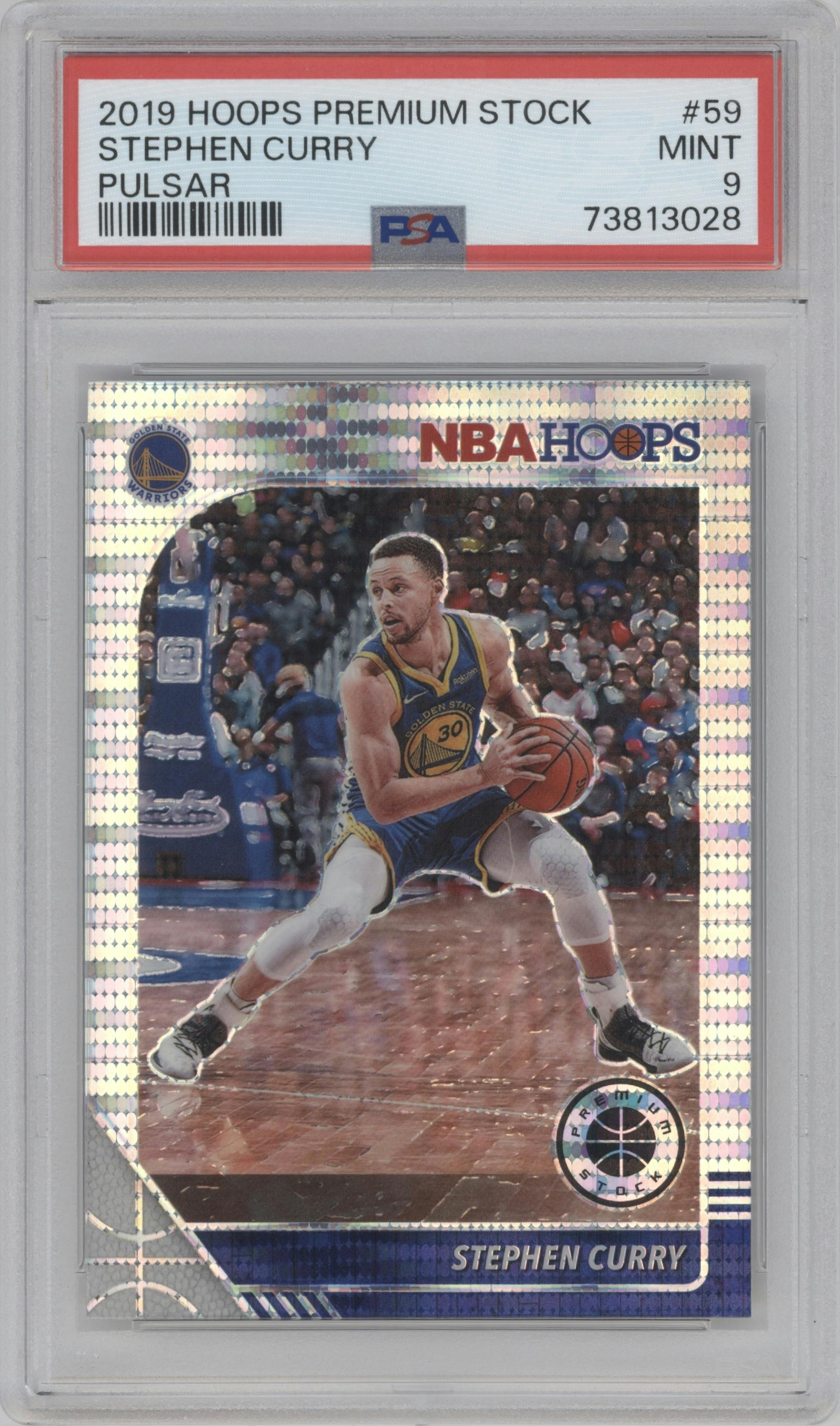Stephen Curry from the 2019-20 Panini Hoops Premium Stock set featuring a Pulsar parallel graded by PSA and given an overall grade of 9.