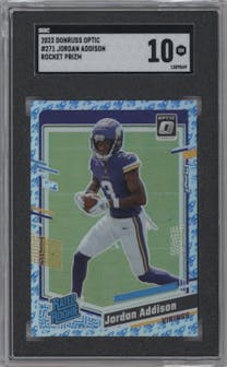 Jordan Addison from the 2023 Donruss Optic set featuring a Rocket parallel graded by SGC and given an overall grade of 10.