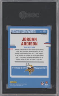 Jordan Addison from the 2023 Donruss Optic set featuring a Rocket parallel graded by SGC and given an overall grade of 10.