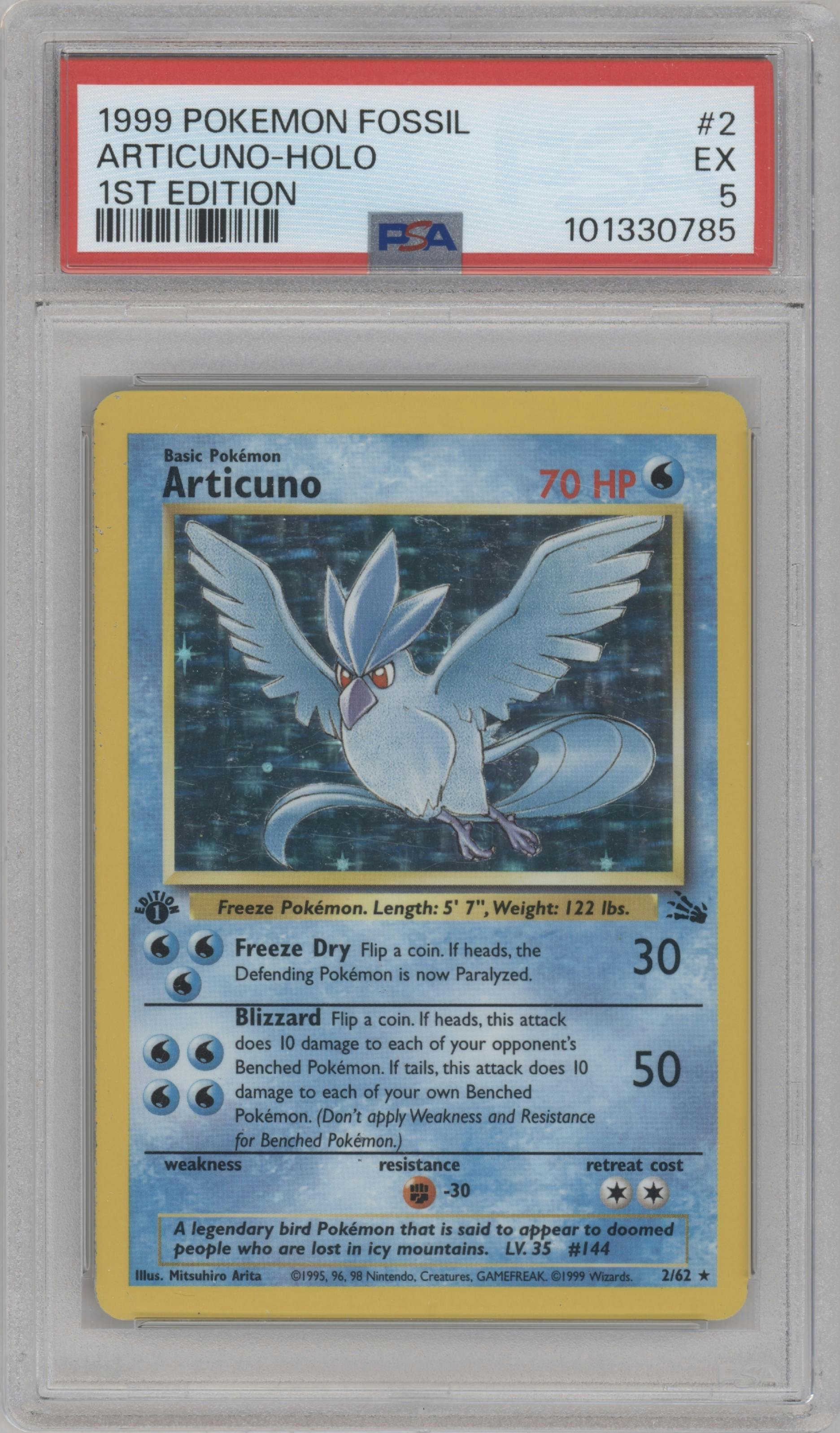 Articuno from the 1999 Pokemon set graded by PSA and given an overall grade of 5.