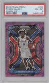 Tyrese Maxey from the 2020-21 Panini Prizm set featuring a Purple Ice parallel graded by PSA and given an overall grade of 8.