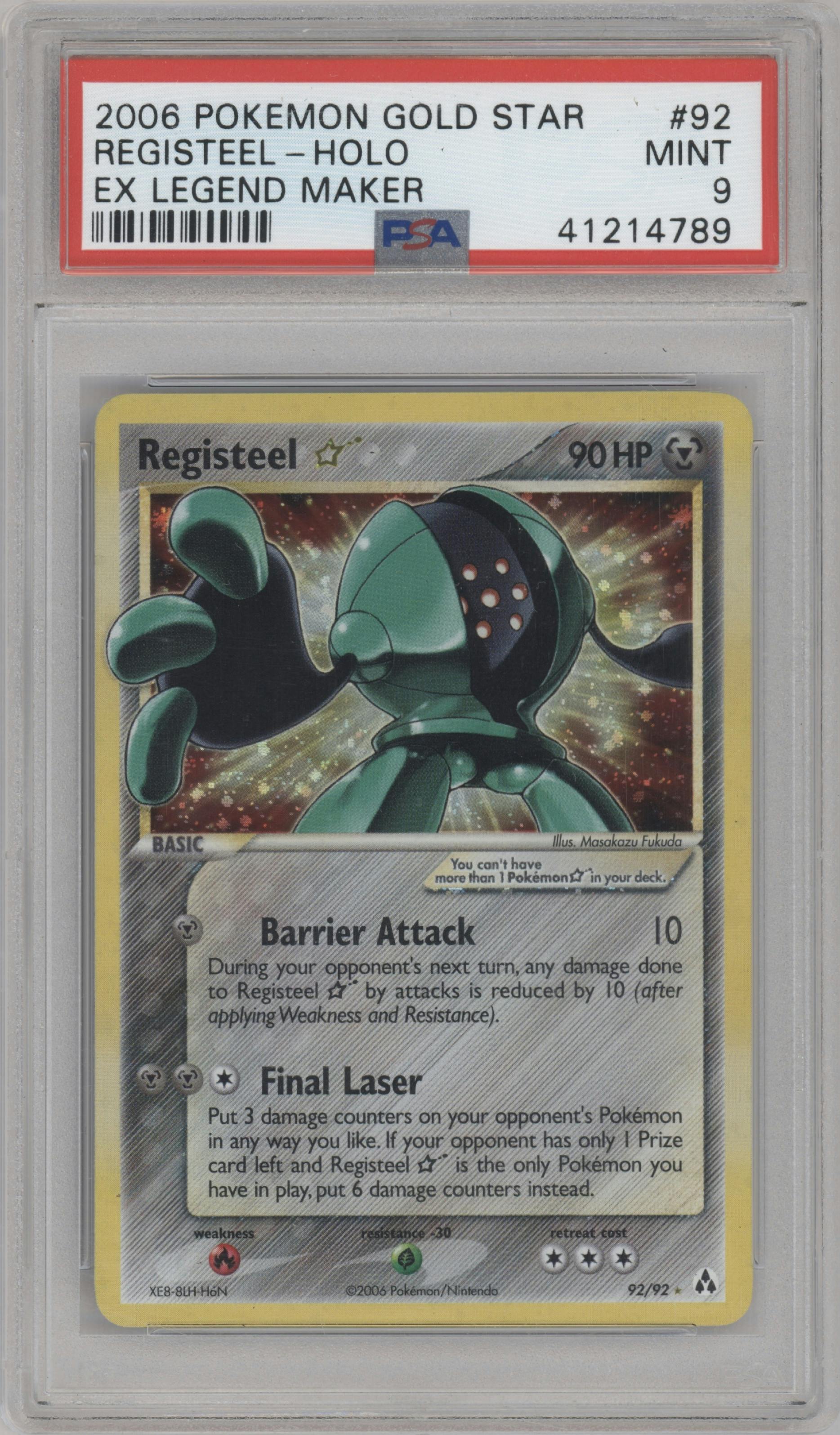 Registeel Gold Star from the 2006 Pokemon EX set graded by PSA and given an overall grade of 9.