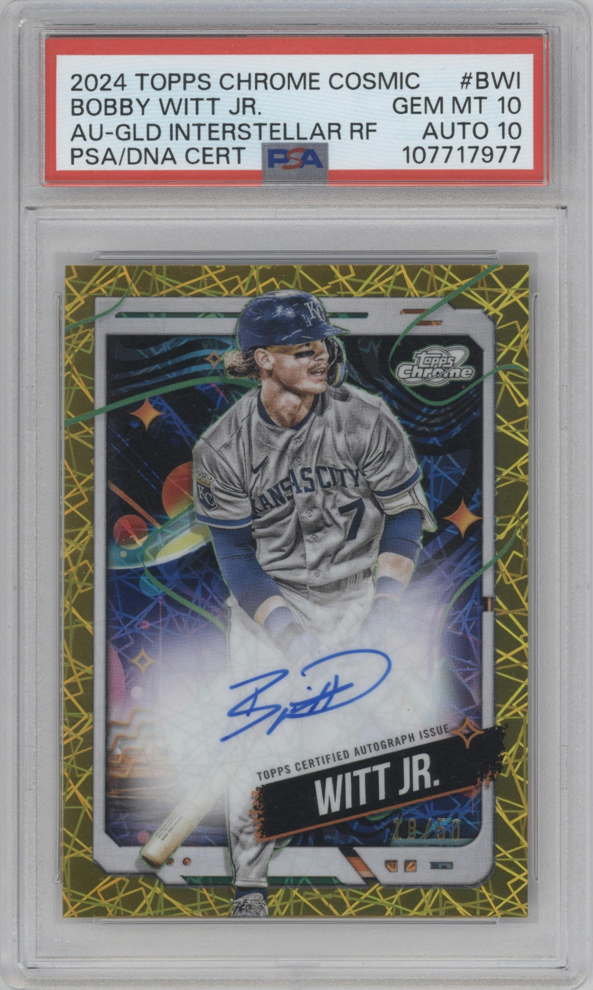 Bobby Witt Jr. from the 2024 Topps Cosmic Chrome set featuring a Gold Interstellar Refractor parallel graded by PSA and given an overall grade of 10.