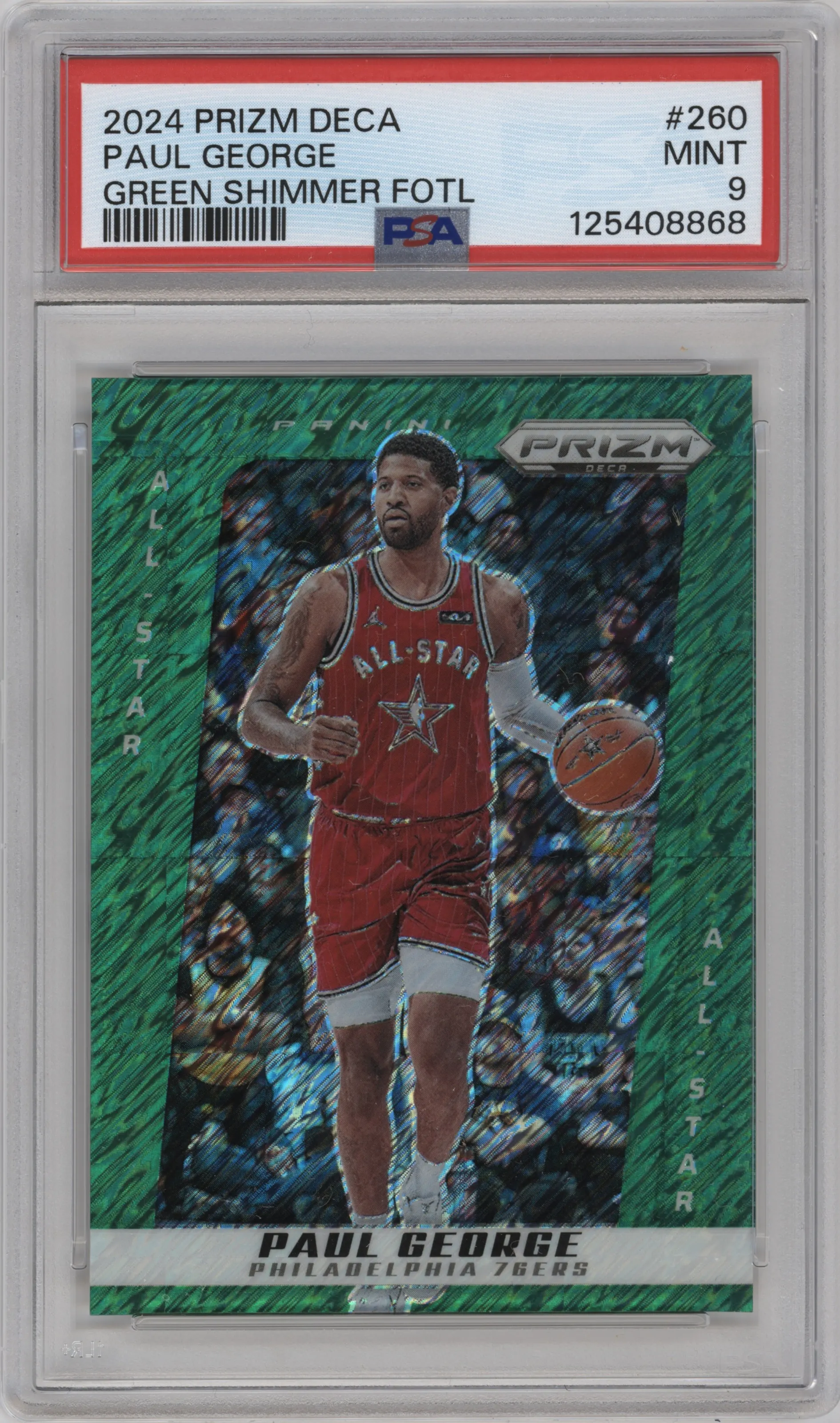 2024 Panini Prizm Deca Paul George Green Shimmer FOTL PSA 9