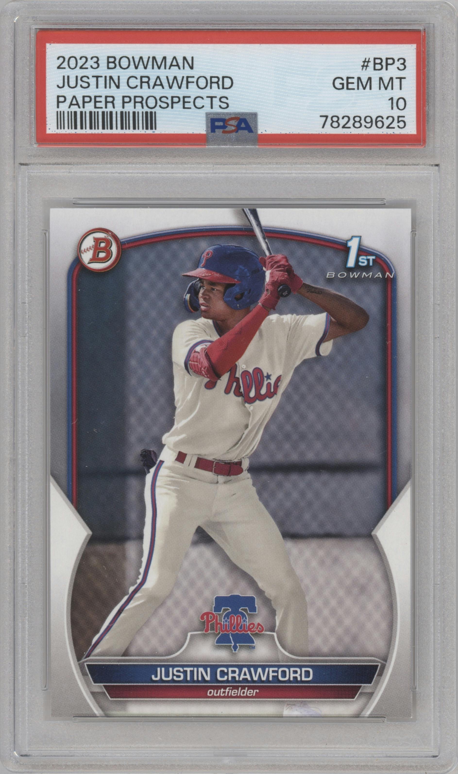 Justin Crawford from the 2023 Bowman  set graded by PSA and given an overall grade of 10.