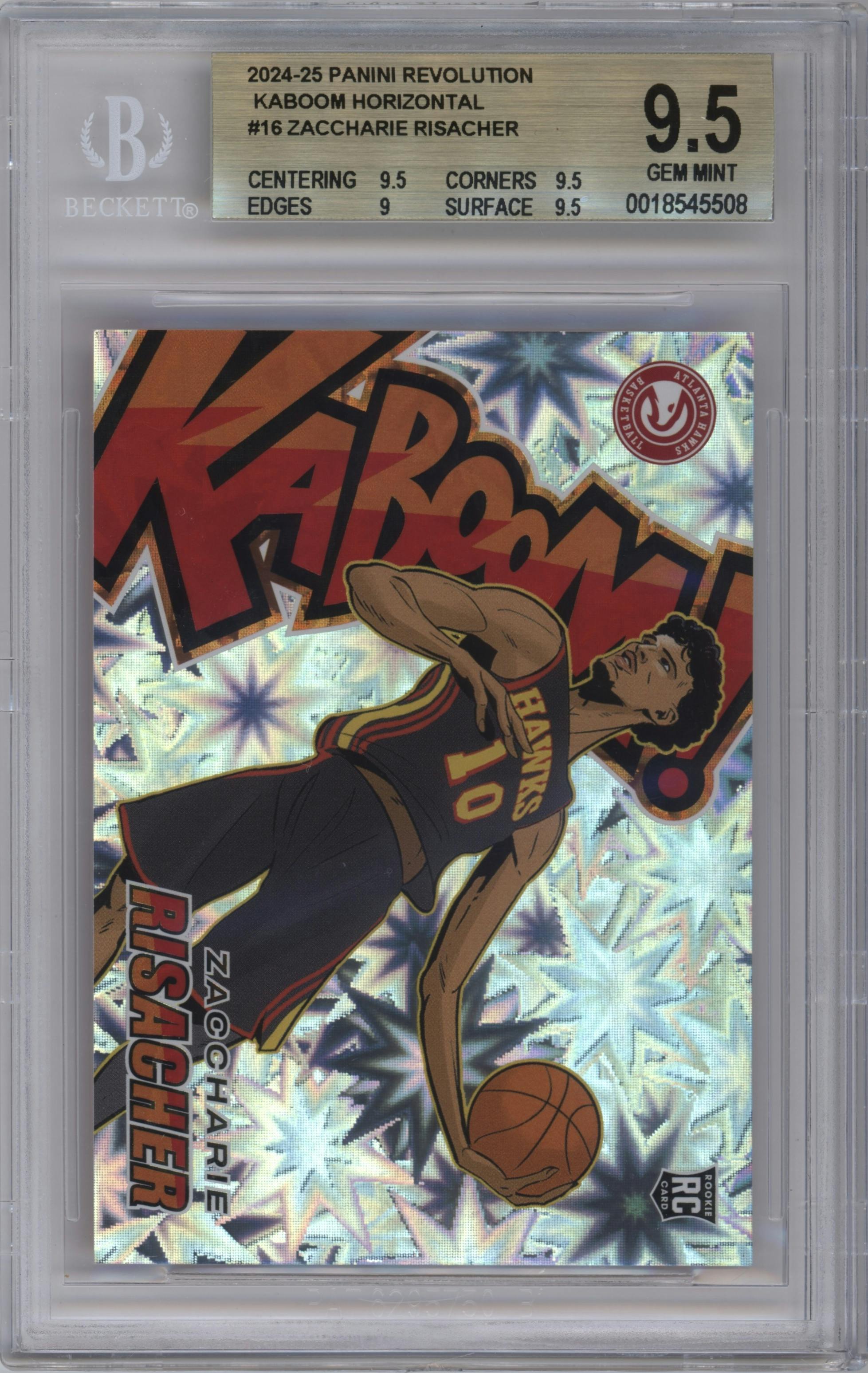 Zaccharie Risacher from the 2024-25 Panini Revolution set graded by Beckett and given an overall grade of 9.5.