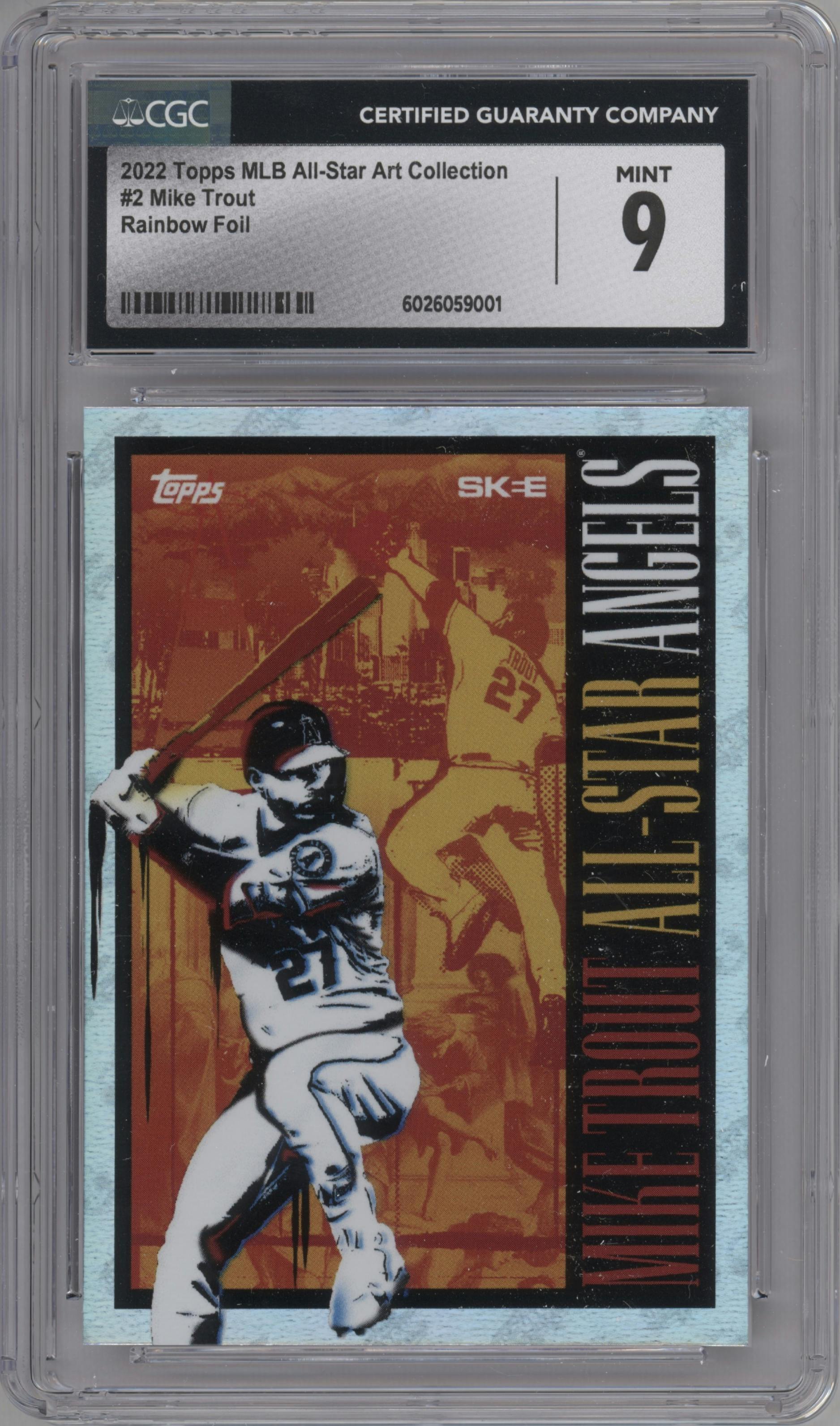 Mike Trout from the 2022 Topps MLB All-Star Art Collection set featuring a Rainbow Foil parallel graded by CSG and given an overall grade of 9.