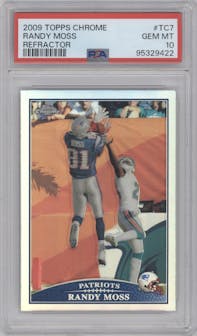 Randy Moss from the 2009 Topps Chrome set featuring a Refractor parallel graded by PSA and given an overall grade of 10.