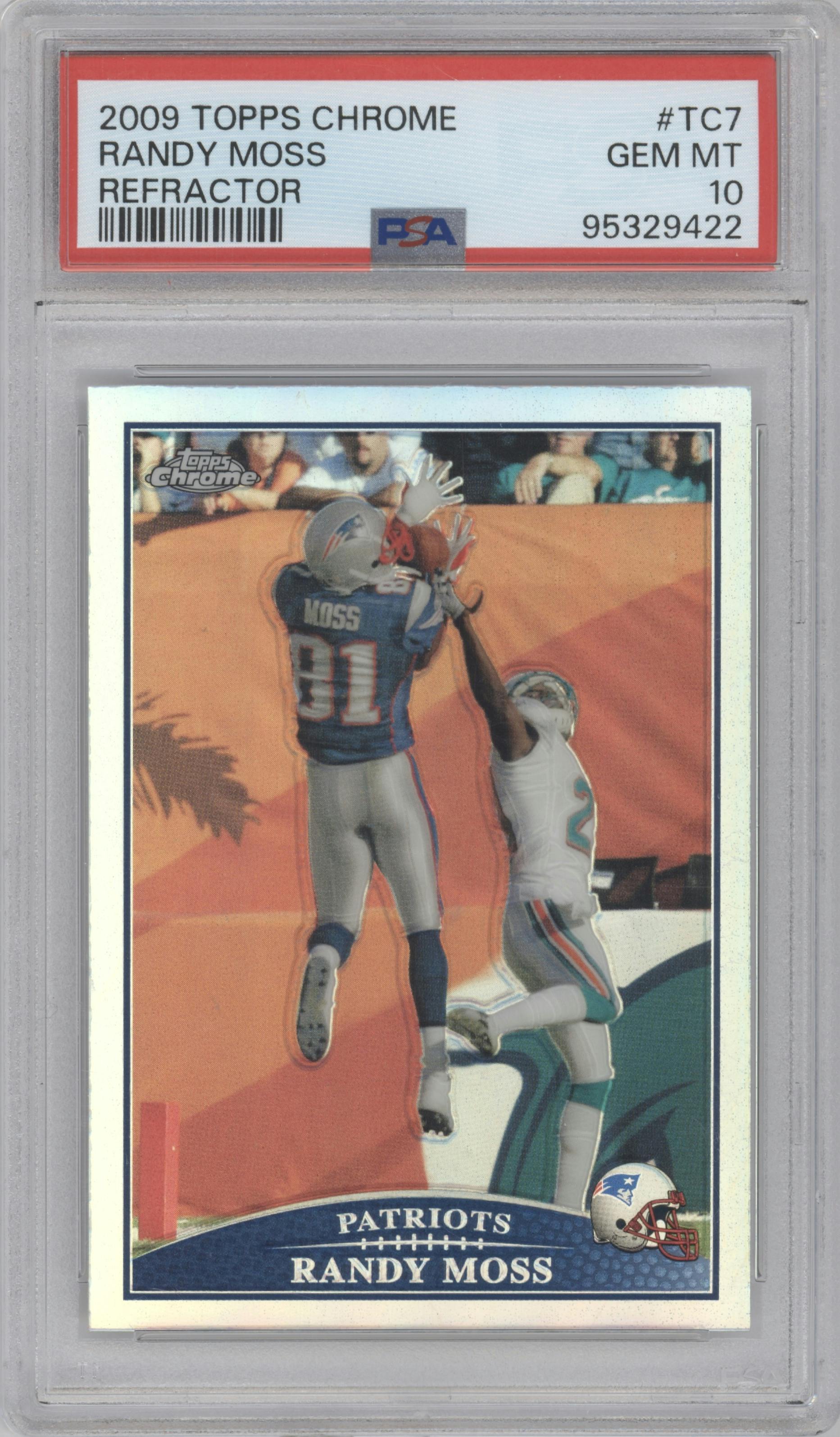 Randy Moss from the 2009 Topps Chrome set featuring a Refractor parallel graded by PSA and given an overall grade of 10.