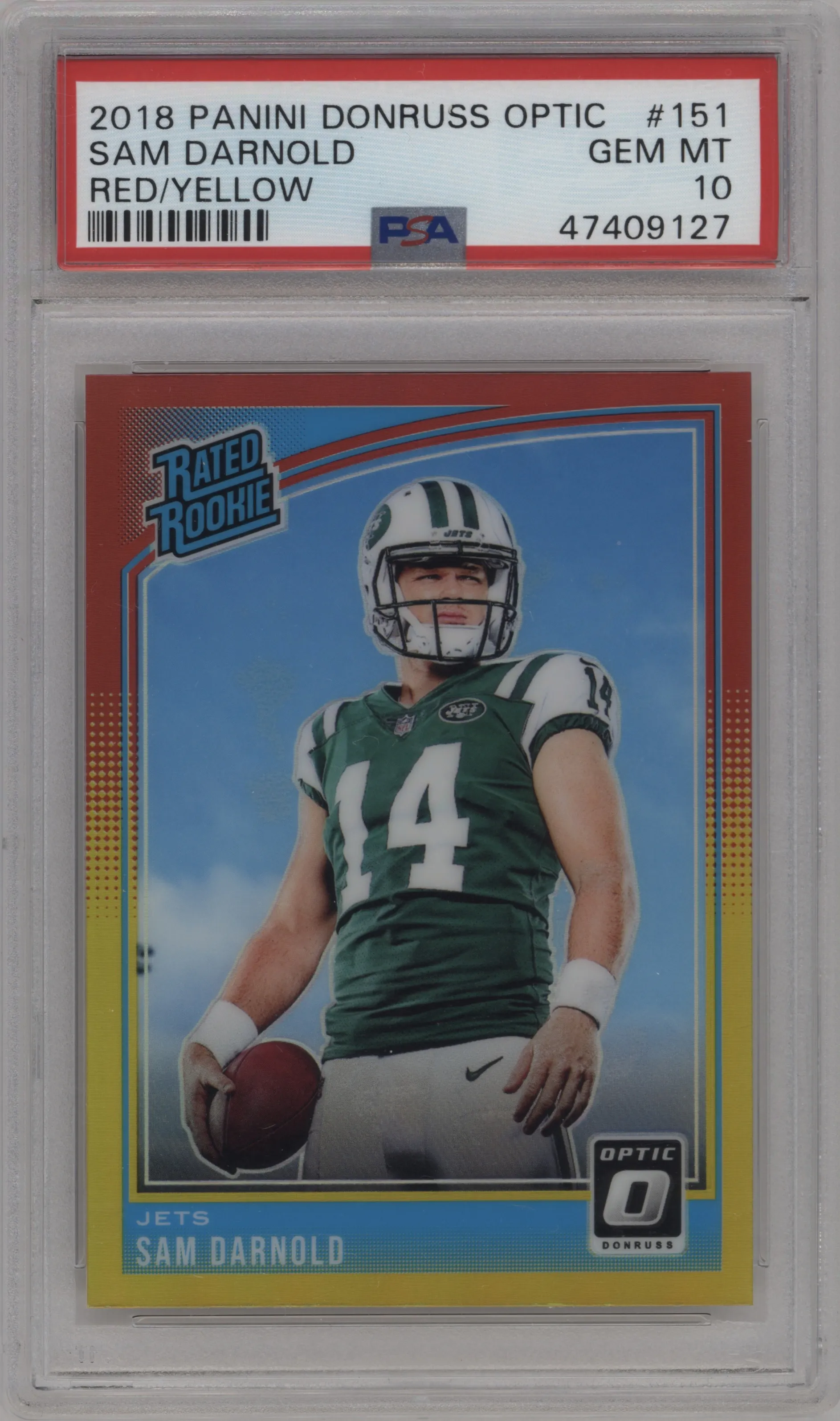 2018 Panini Donruss Optic Rated Rookie Sam Darnold Red/Yellow #151 PSA 10