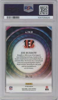 Joe Burrow from the 2023 Panini Select set featuring a Gold Prizm parallel graded by PSA and given an overall grade of 10.