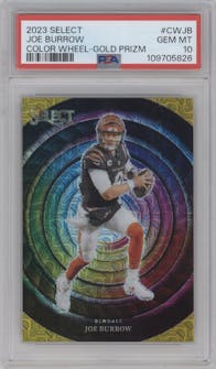 Joe Burrow from the 2023 Panini Select set featuring a Gold Prizm parallel graded by PSA and given an overall grade of 10.