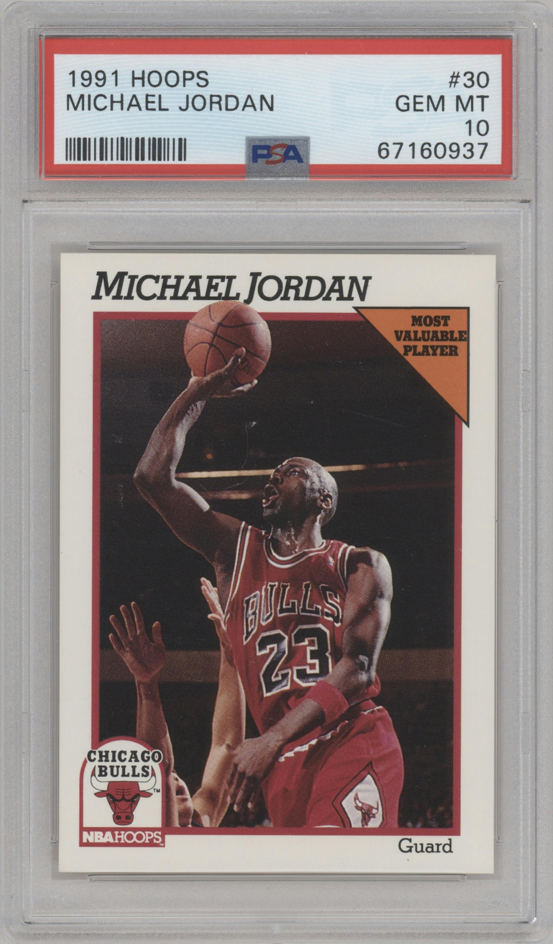 Michael Jordan from the 1991-92 NBA Hoops set graded by PSA and given an overall grade of 10.