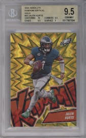 Jalen Hurts from the 2024 Panini Absolute set featuring a Gold parallel graded by Beckett and given an overall grade of 9.5.