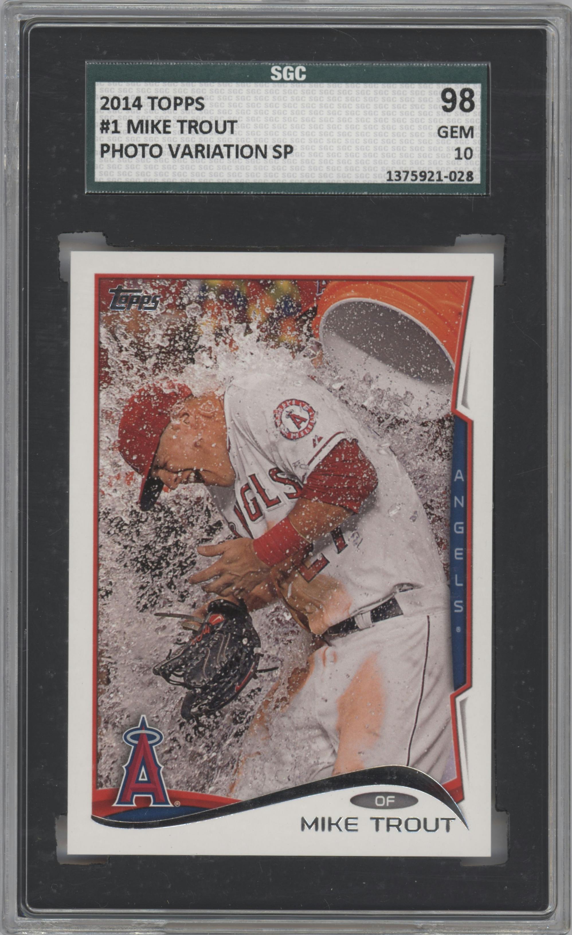 Mike Trout from the 2014 Topps Series 1 set graded by SGC and given an overall grade of 10.