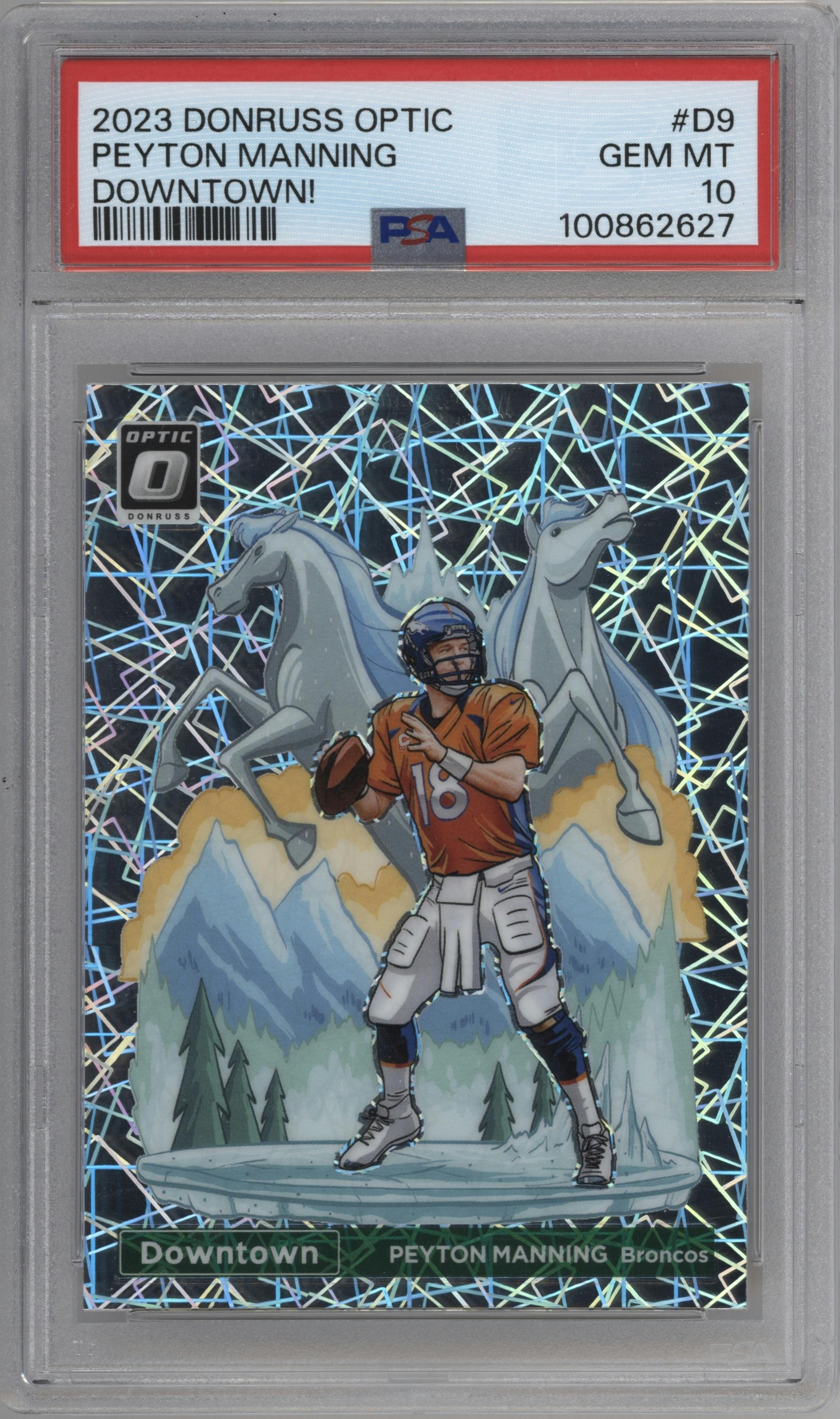 Peyton Manning from the 2023 Donruss Optic set graded by PSA and given an overall grade of 10.