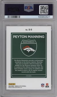 Peyton Manning from the 2023 Donruss Optic set graded by PSA and given an overall grade of 10.