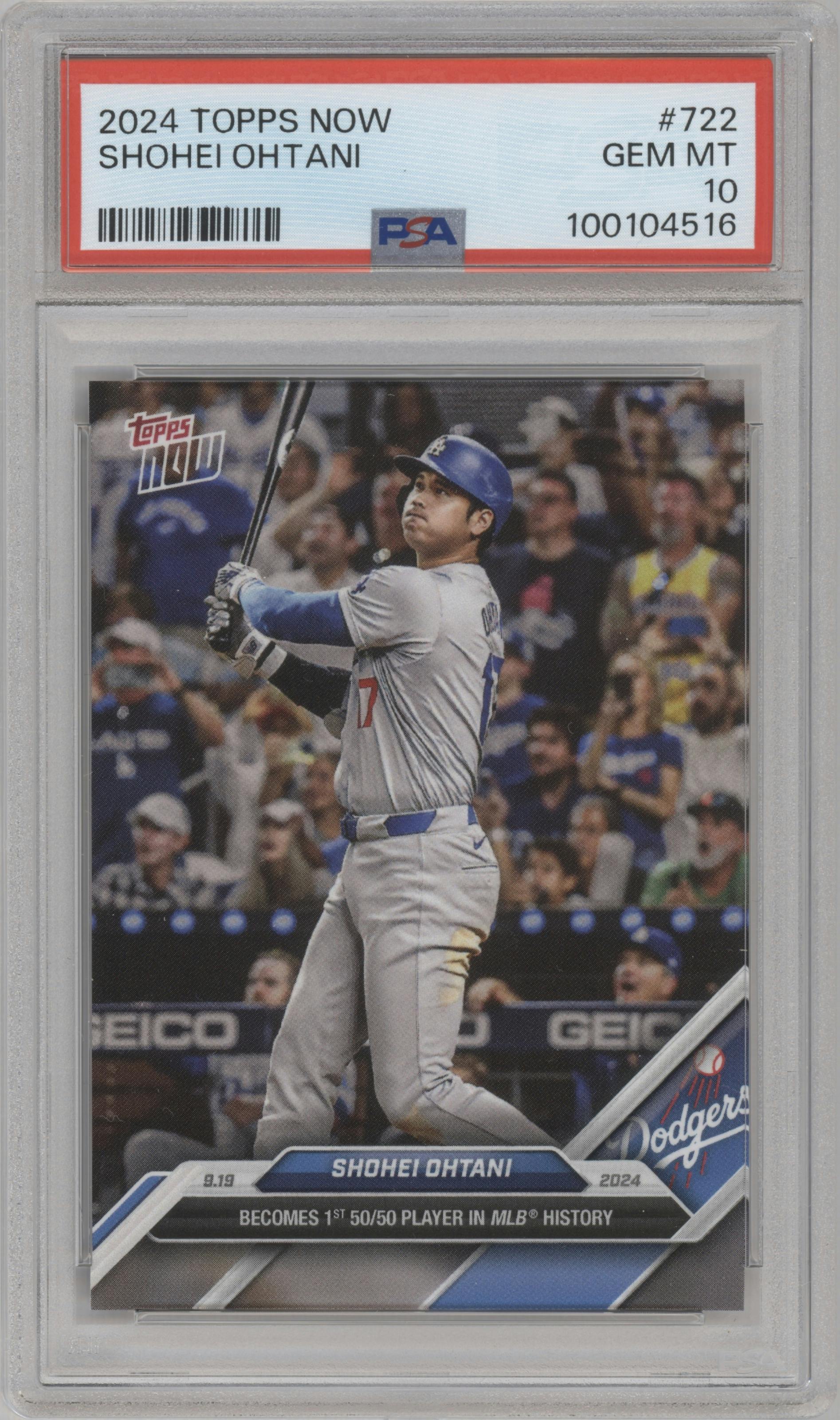 Shohei Ohtani from the 2024 Topps Now set graded by PSA and given an overall grade of 10.