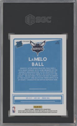 LaMelo Ball from the 2020-21 Panini Donruss Optic set featuring a Gold Wave  parallel graded by SGC and given an overall grade of 8.5.