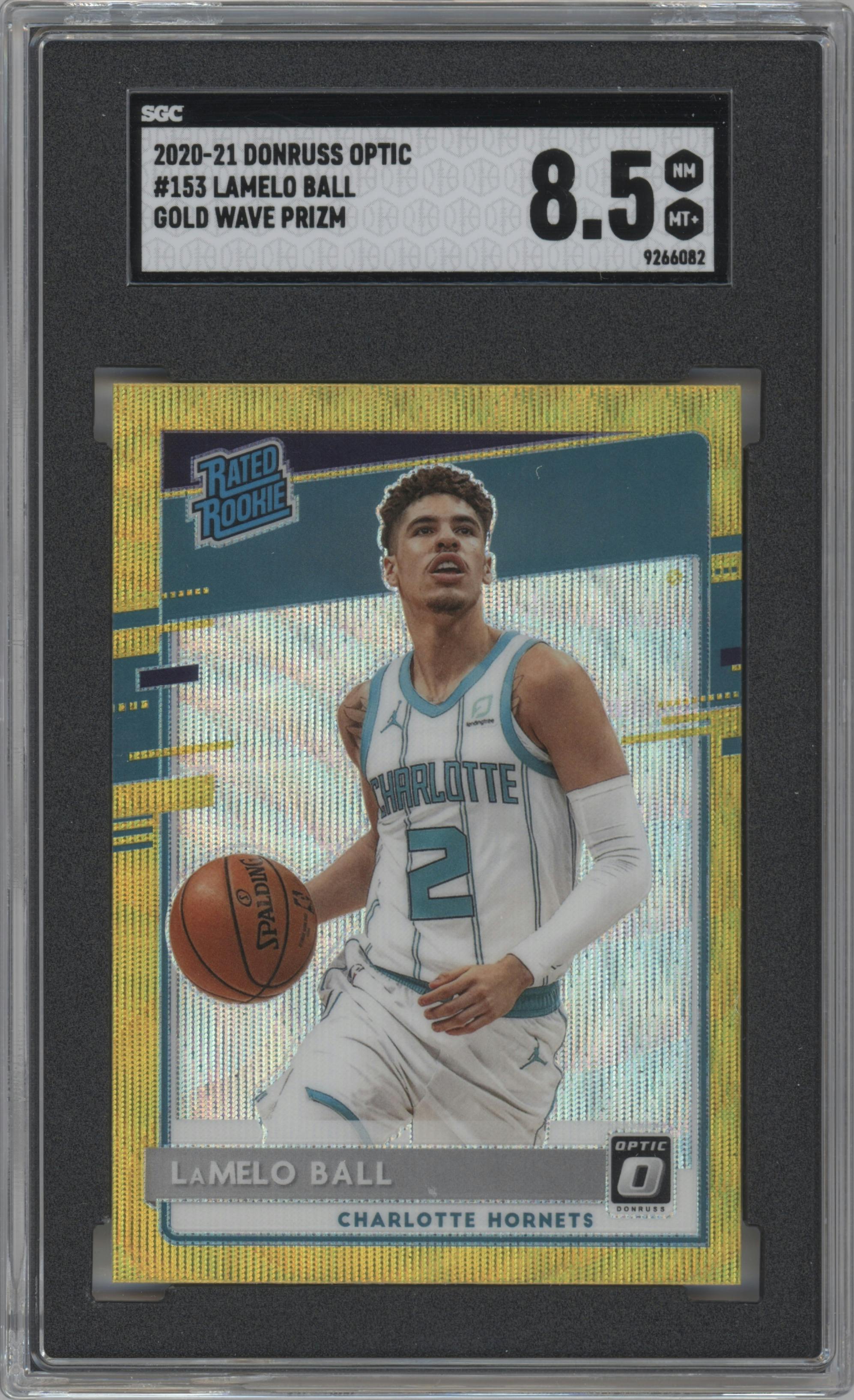 LaMelo Ball from the 2020-21 Panini Donruss Optic set featuring a Gold Wave  parallel graded by SGC and given an overall grade of 8.5.