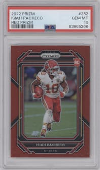 Isiah Pacheco from the 2022 Panini Prizm set featuring a Red Prizm parallel graded by PSA and given an overall grade of 10.