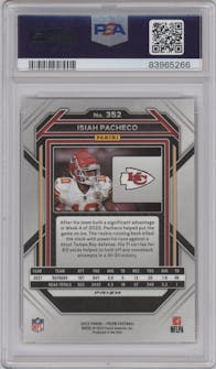 Isiah Pacheco from the 2022 Panini Prizm set featuring a Red Prizm parallel graded by PSA and given an overall grade of 10.
