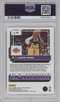 LeBron James from the 2022-23 Panini Donruss Optic  set featuring a Choice Black/Gold parallel graded by PSA and given an overall grade of 9.
