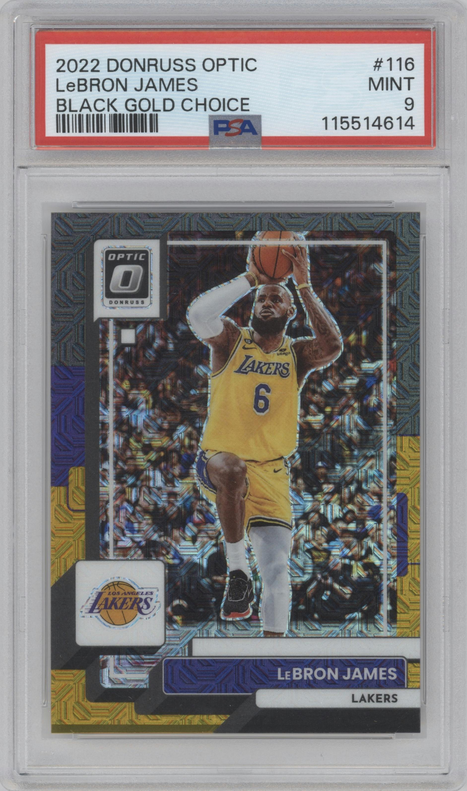 LeBron James from the 2022-23 Panini Donruss Optic  set featuring a Choice Black/Gold parallel graded by PSA and given an overall grade of 9.