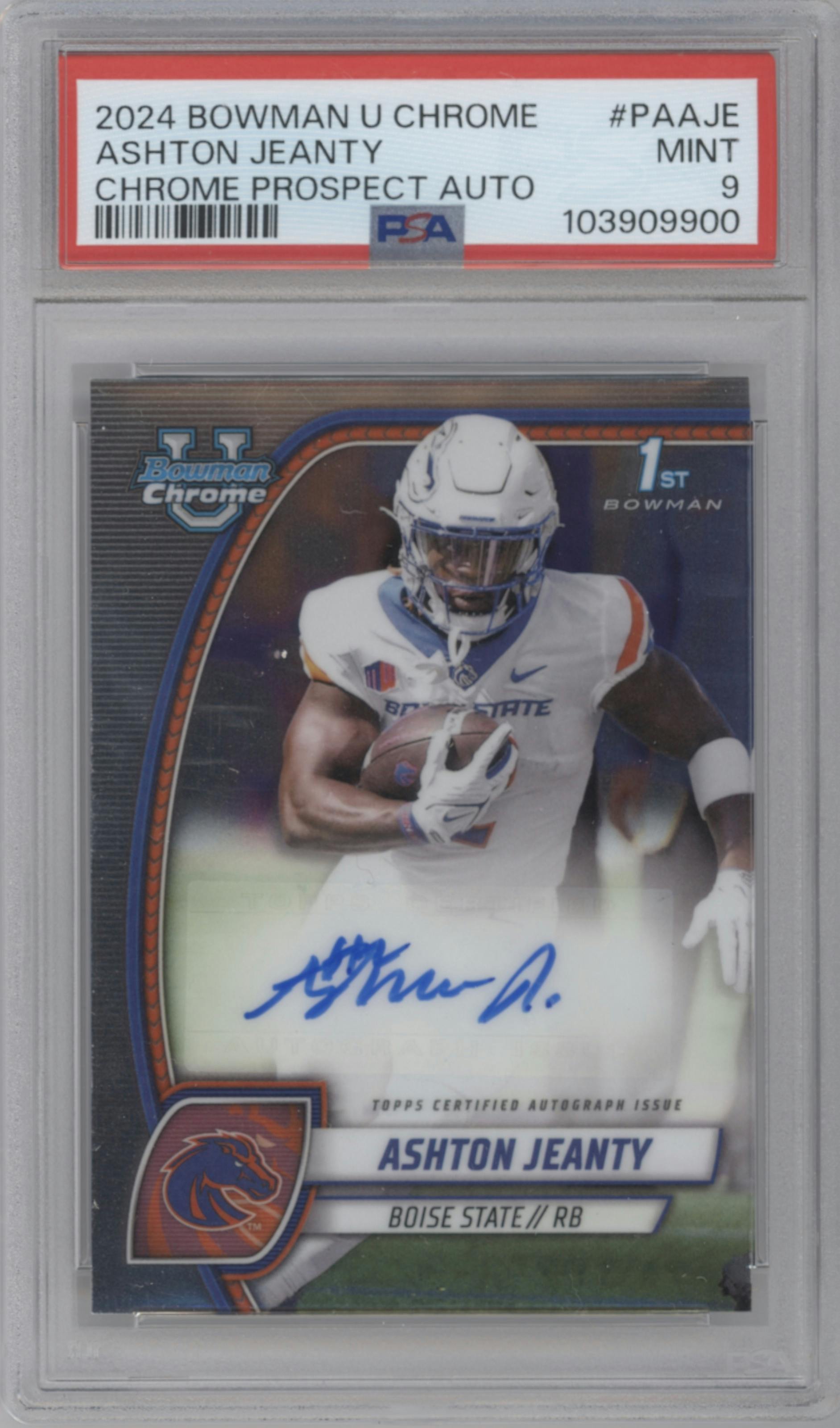Ashton Jeanty from the 2024 Bowman University Chrome set graded by PSA and given an overall grade of 9.