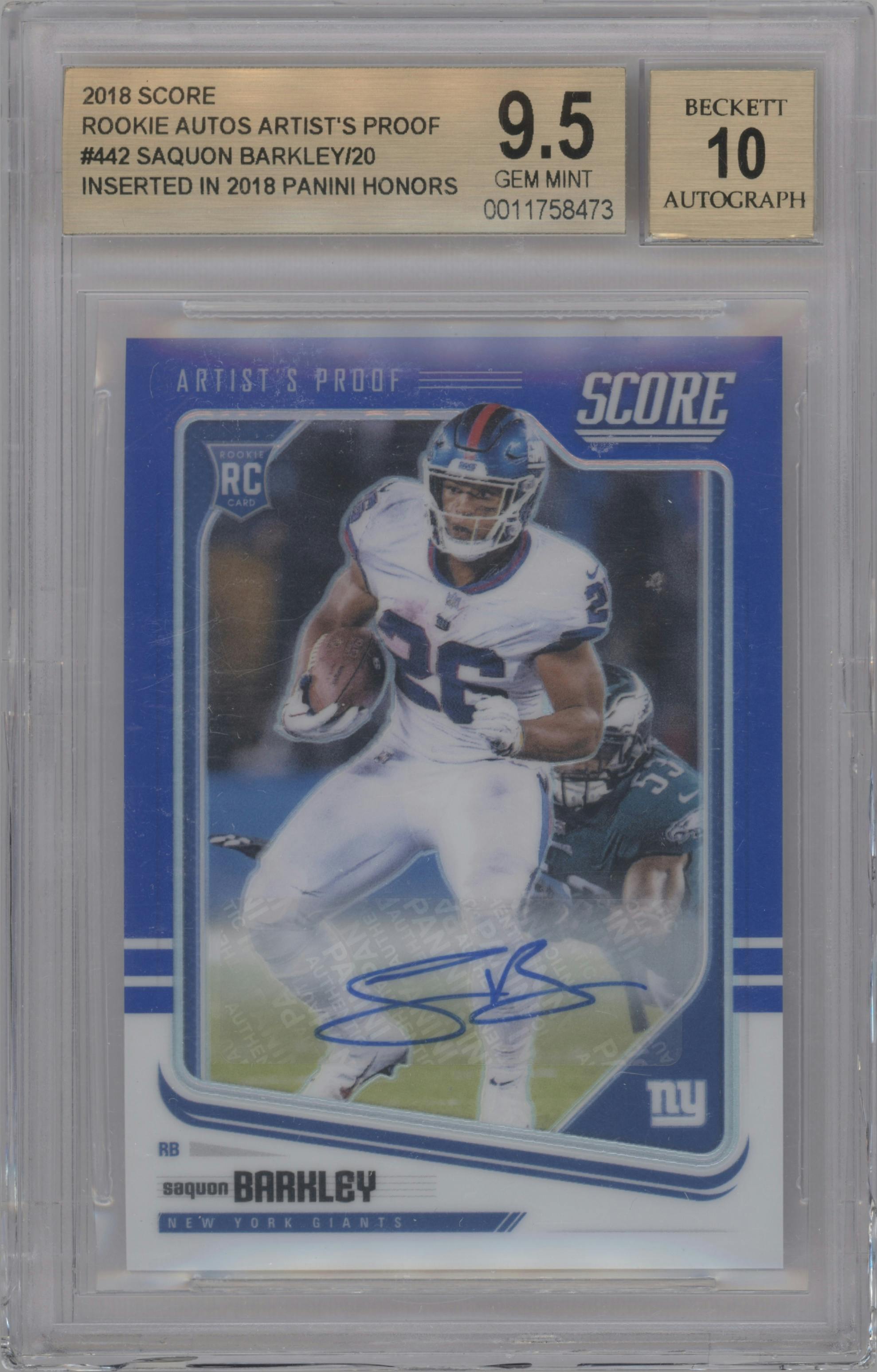 Saquon Barkley from the 2018 Panini Honors set featuring a Artists Proof parallel graded by Beckett and given an overall grade of 9.5.