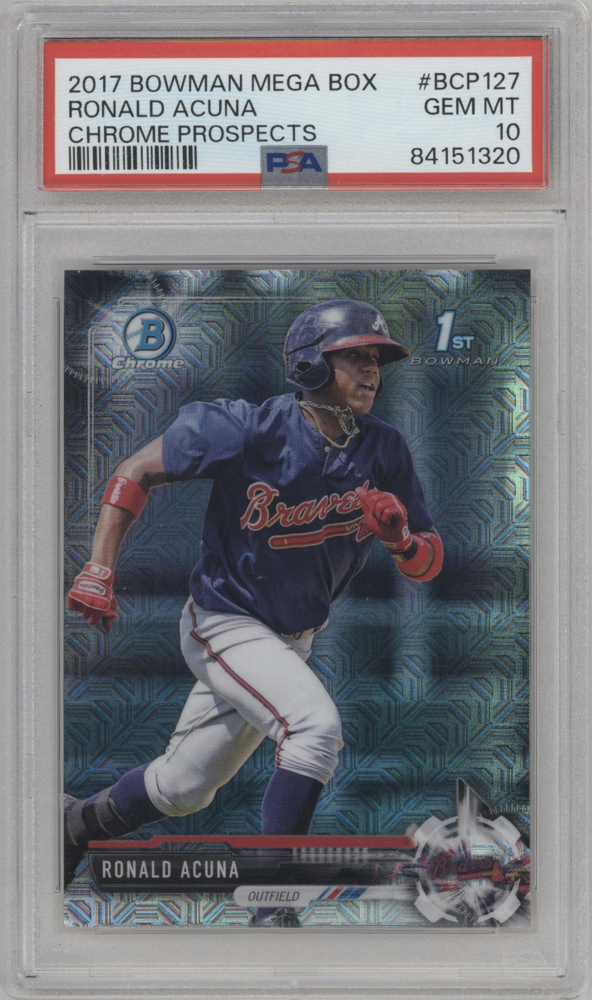 Ronald Acuna from the 2017 Bowman Mega Box Chrome set graded by PSA and given an overall grade of 10.