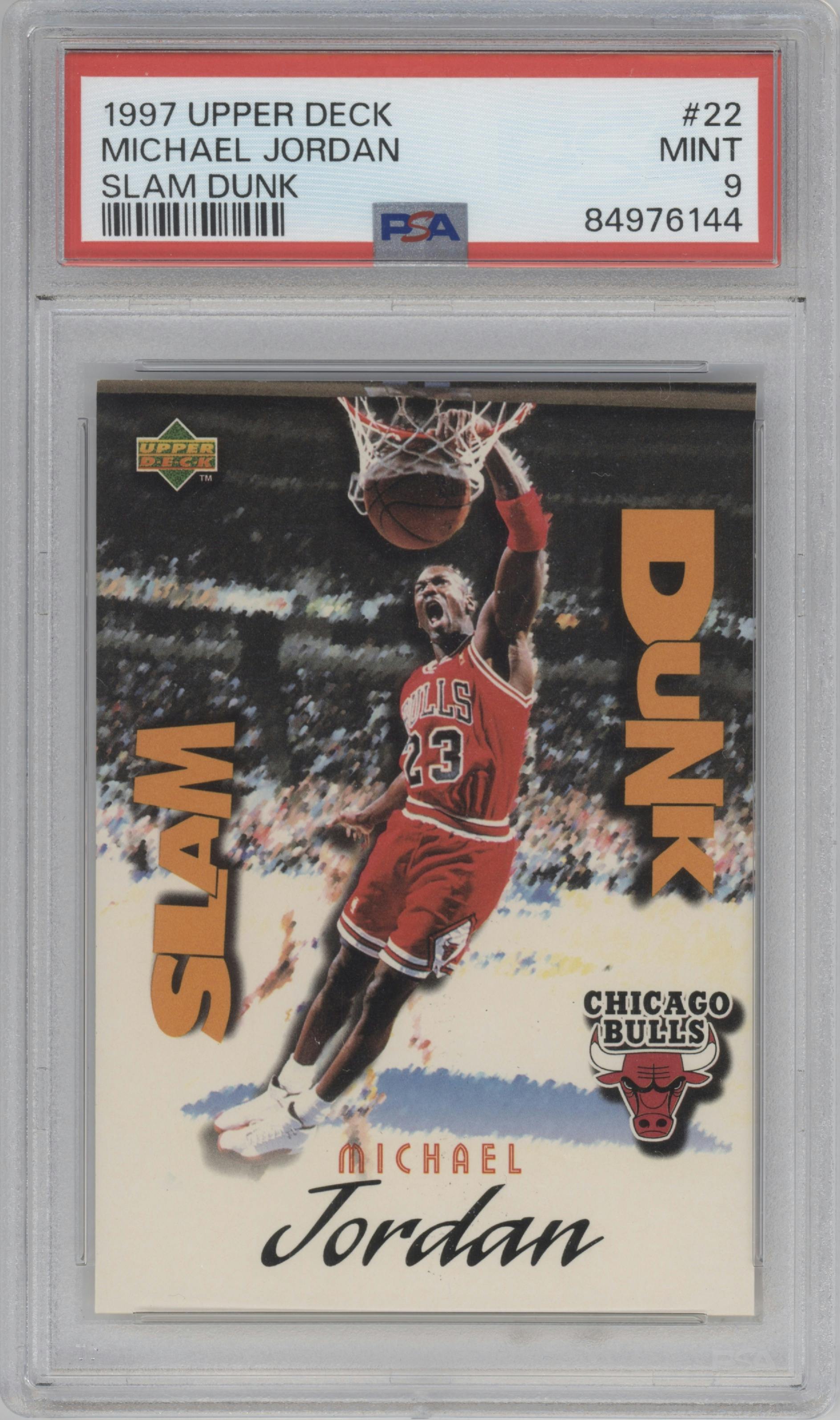Michael Jordan from the 1997 Upper Deck Nestle Slam Dunk set graded by PSA and given an overall grade of 9.