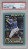 Junior Caminero from the 2024 Topps Chrome set featuring a Aqua Refractor parallel graded by PSA and given an overall grade of 10.
