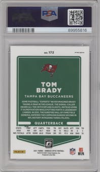 Tom Brady from the 2021 Panini Donruss Optic set featuring a Stars parallel graded by PSA and given an overall grade of 10.