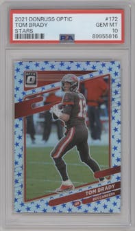 Tom Brady from the 2021 Panini Donruss Optic set featuring a Stars parallel graded by PSA and given an overall grade of 10.